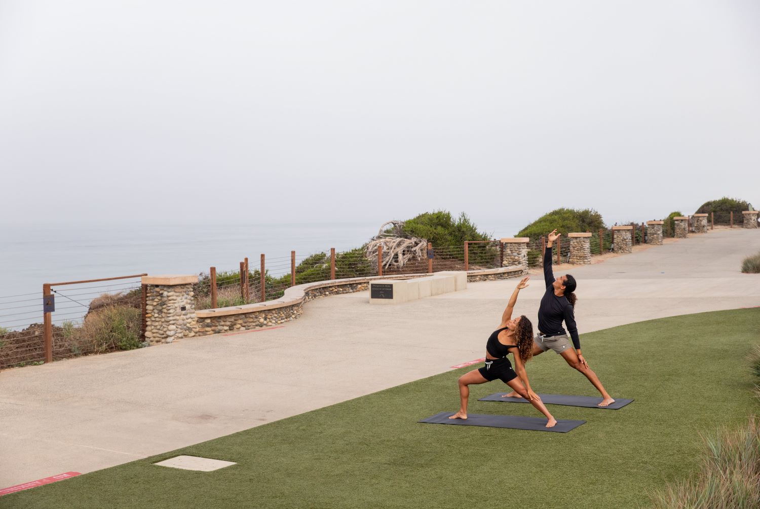 Two people practising yoga on a lawn at the bluff's edge under morning marine layer