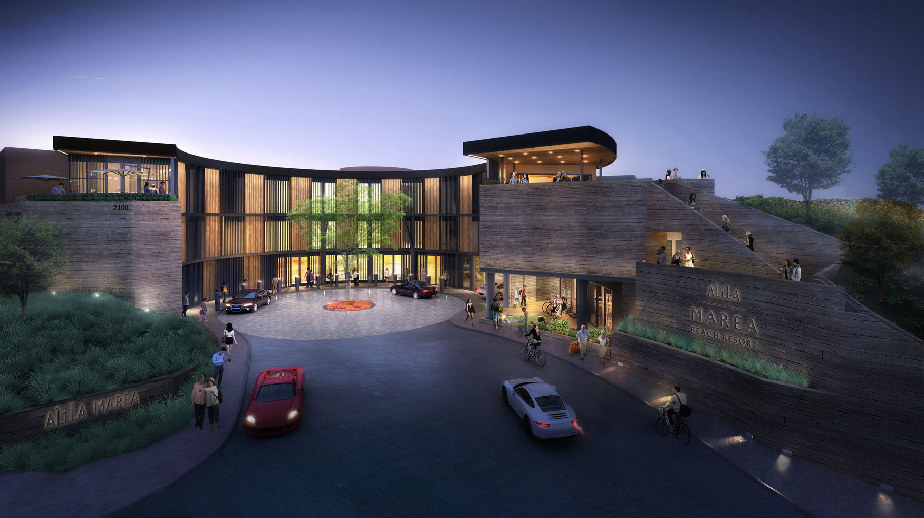 The resort's arrival court, with stone walls, warm timber screens and low landscaping